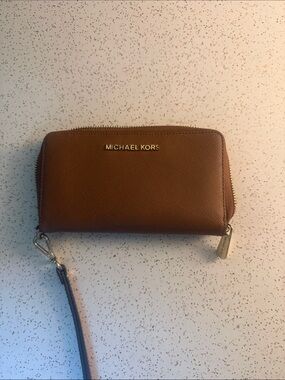 Michael Kors Cognac Leather Zip Wristlet with Gold Hardware